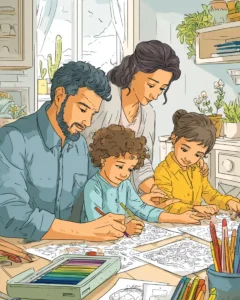Coloring pages activity with family using colored pencils