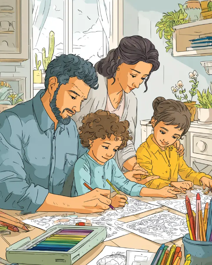 Coloring pages activity with family using colored pencils