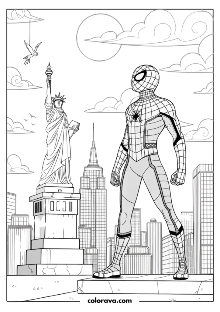 Spiderman stands near Statue of Liberty.