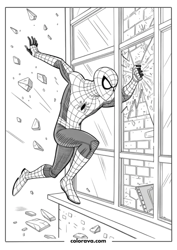 Spider-Man breaking through a window.