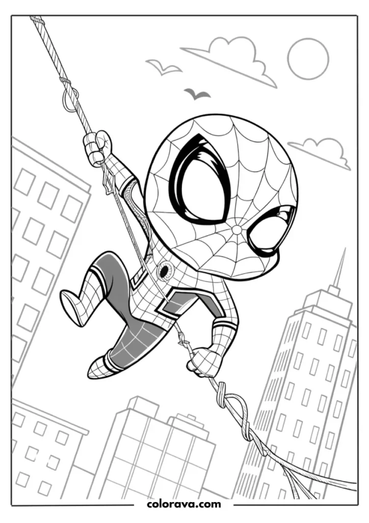 Cartoon Spider-Man swinging in city
