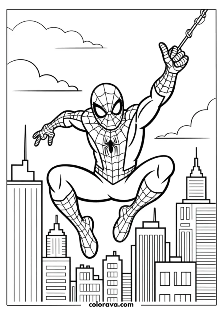 Spider-Man swinging over city skyline