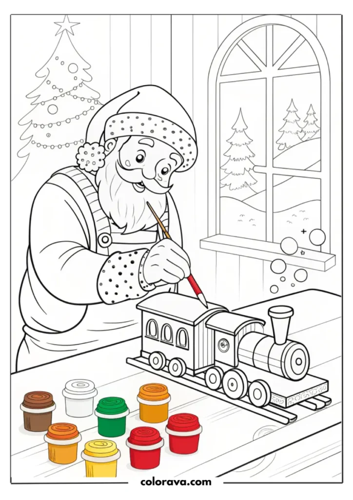 Santa painting a toy train
