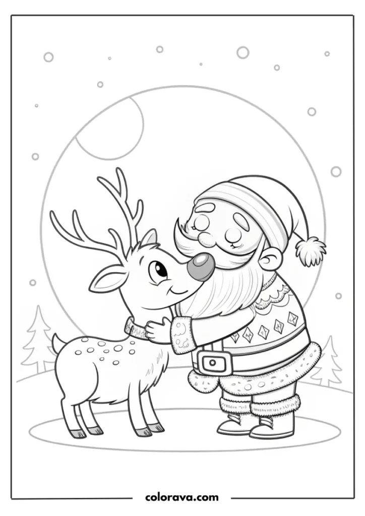 Santa hugging a reindeer happily