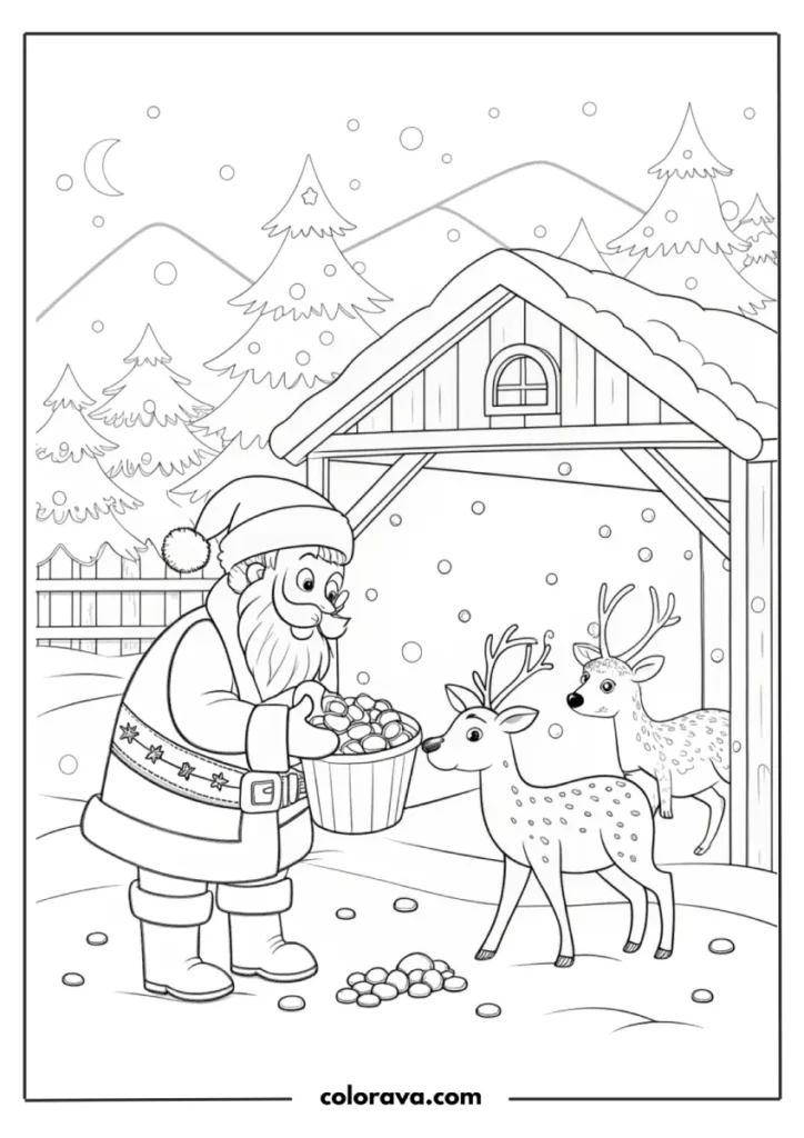 Santa feeding reindeer in winter
