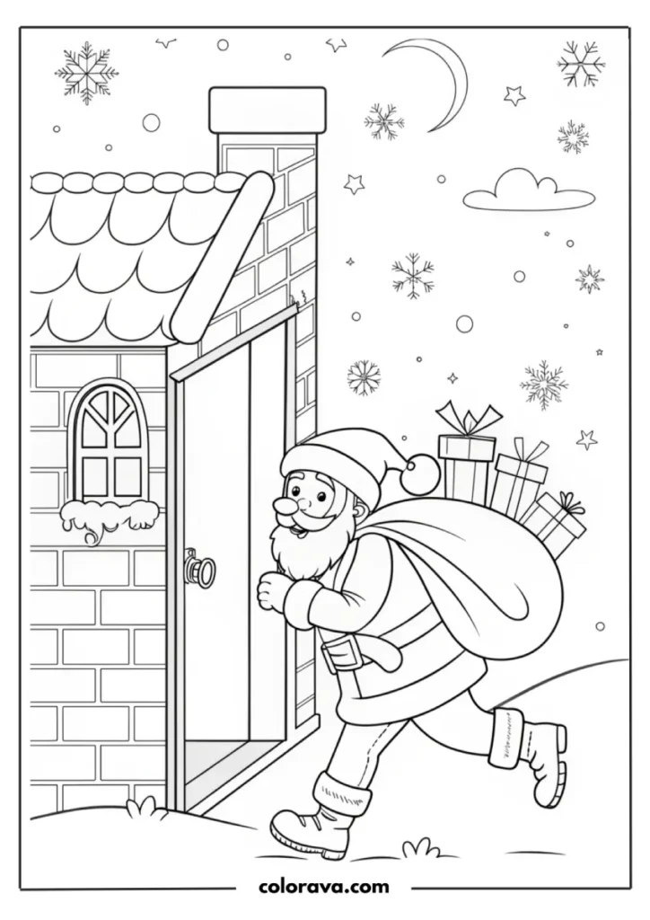 Santa approaching house with gifts