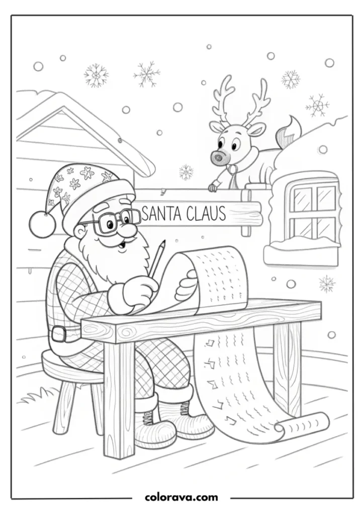 Santa writing list with reindeer watching