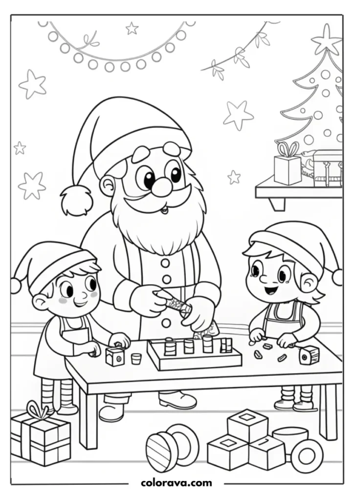 Santa and kids building toys