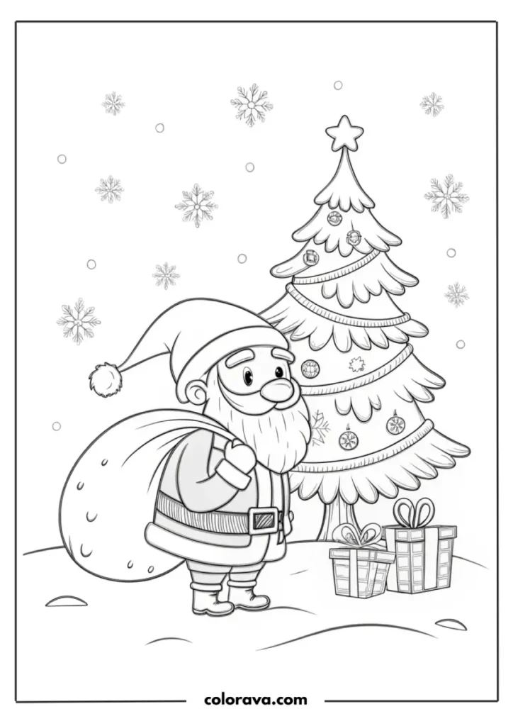Santa with gifts beside a tree