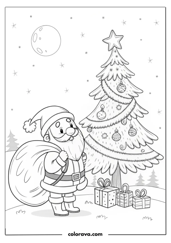 Santa with gifts by Christmas tree