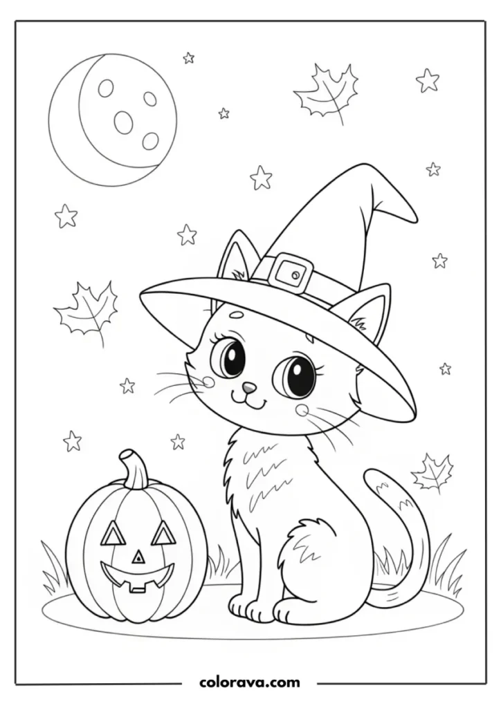 Cute cat with Halloween pumpkin and moon