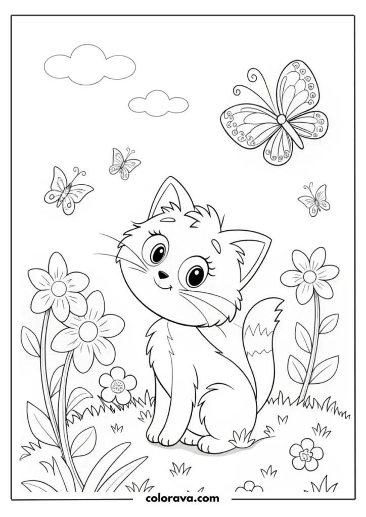 Cute kitten surrounded by flowers and butterflies