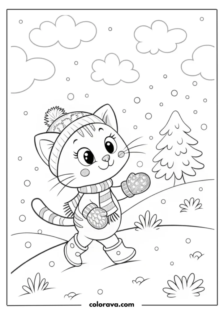 Cute kitten playing in winter snow